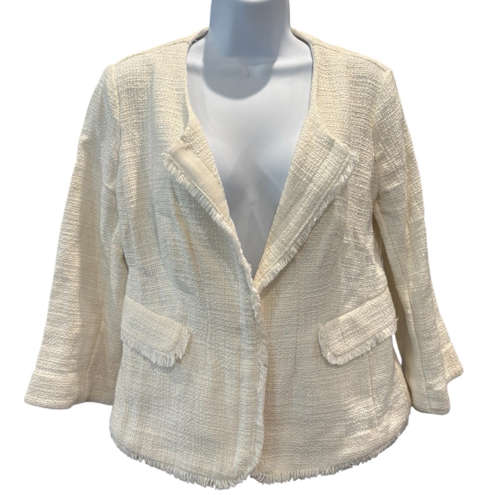 New York & Company Cream Tweed Blazer – 100% Cotton Fringe Trim Jacket Women's M